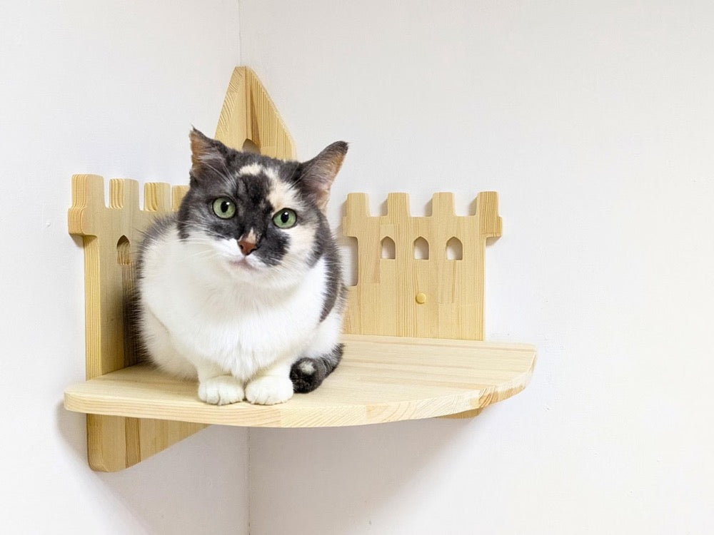 Сastle Cat Corner Shelf with Pillow and Borders, Cat shelves for wall, Cat furniture