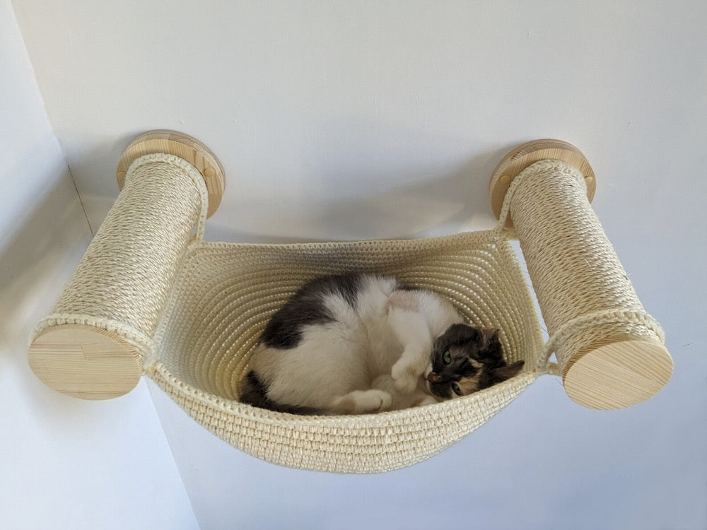 Big Sisal Cat Bed with 2 Scratcher Posts for any type of wall, 100% Handmade Cat