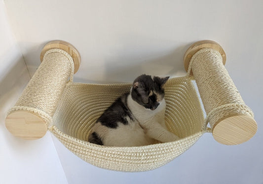 Big Sisal Cat Bed with 2 Scratcher Posts for any type of wall, 100% Handmade Cat
